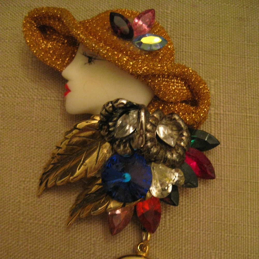 BONETTO Watch Brooch Blue Rivoli Pear RHINESGTONES